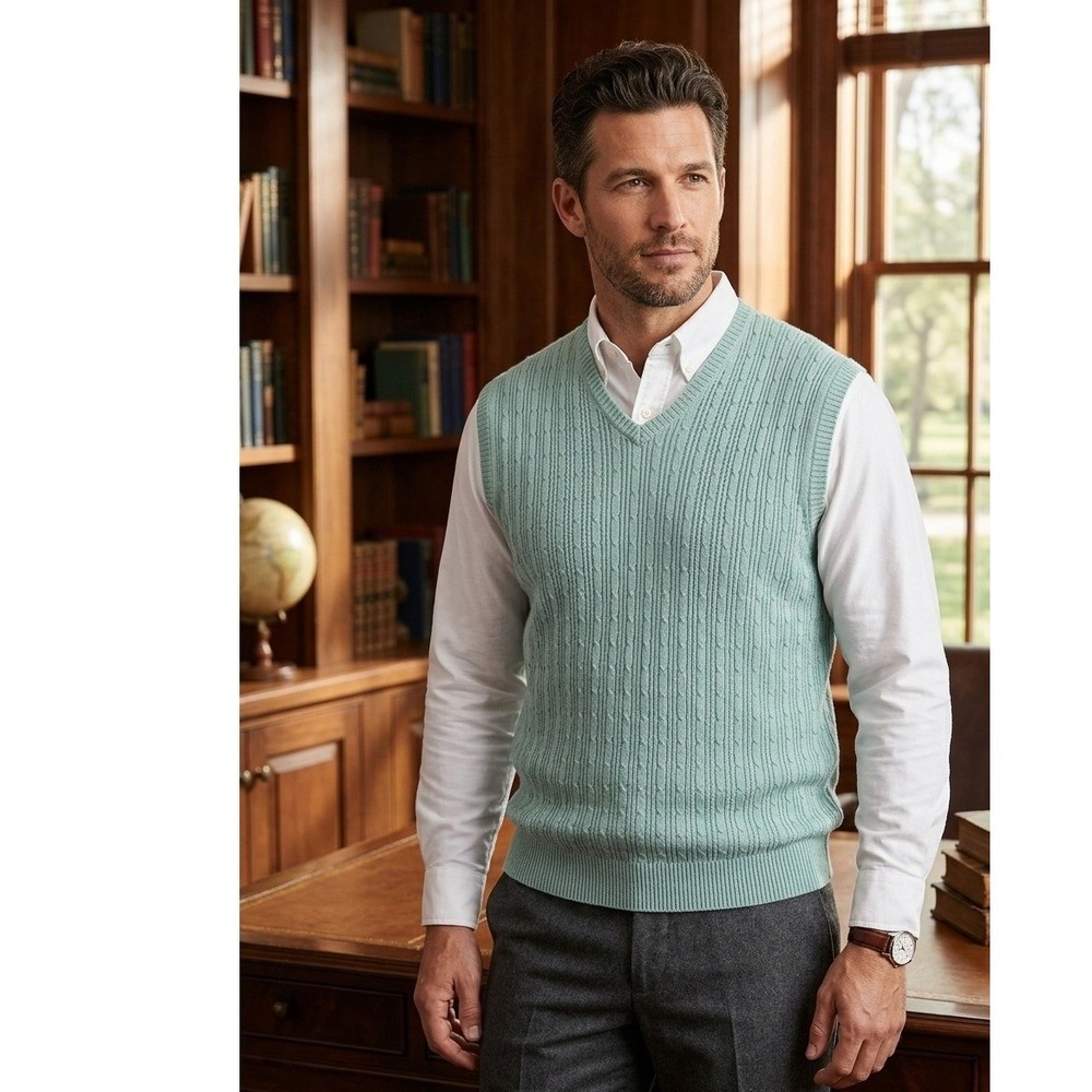 Pendleton Silk Cotton Sweater‎ Vest Men's M Sage Green V-Neck Textured Knit NWT